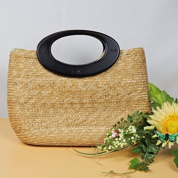Wicker Wood Handled Handbag Boho Cottagecore Inner Pockets Beach Vacation Trip - Picture 1 of 16